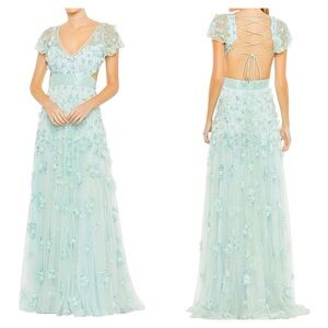 Mac Duggal 70275 Light Green 3D Floral Appliqué Gown Size 4 Lace-Up Open Back